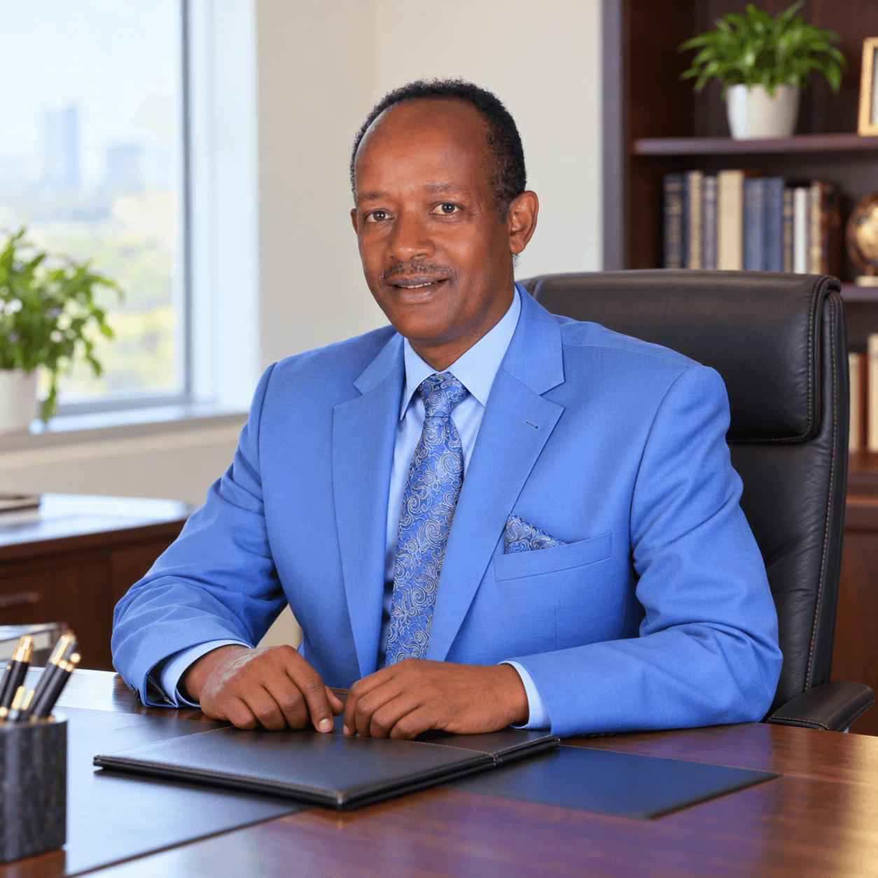 AI-generated portrait of Taye Bezabih Fino seated behind an office desk in a blue suit